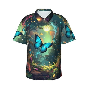 Lukts Enchanted Forest Butterfly A Hawaiian Shirt for Men,Unisex Summer Beach Casual Short Sleeve Button Down Shirts,Small