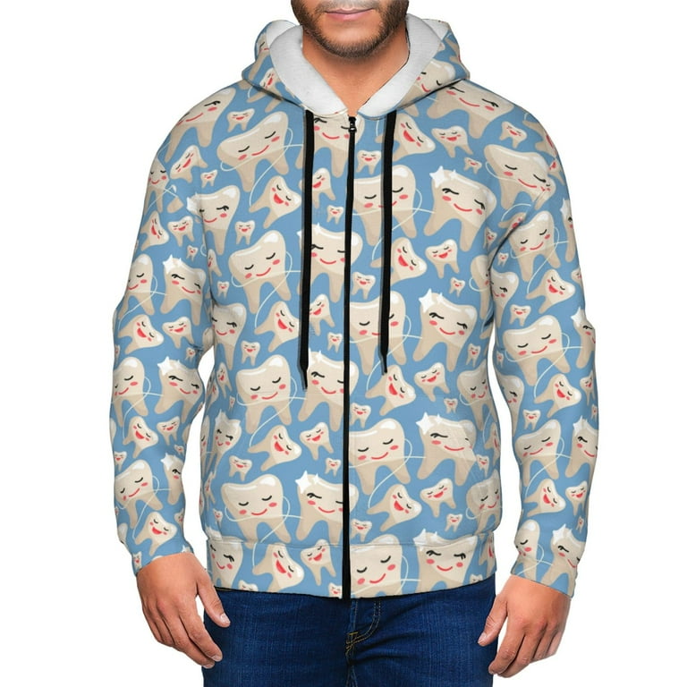 Lukts Funny Cute Healthy Teeth Pattern Hoodies for Men Zip up Hooded Sweatshirt Full Zip Hoodie X Large