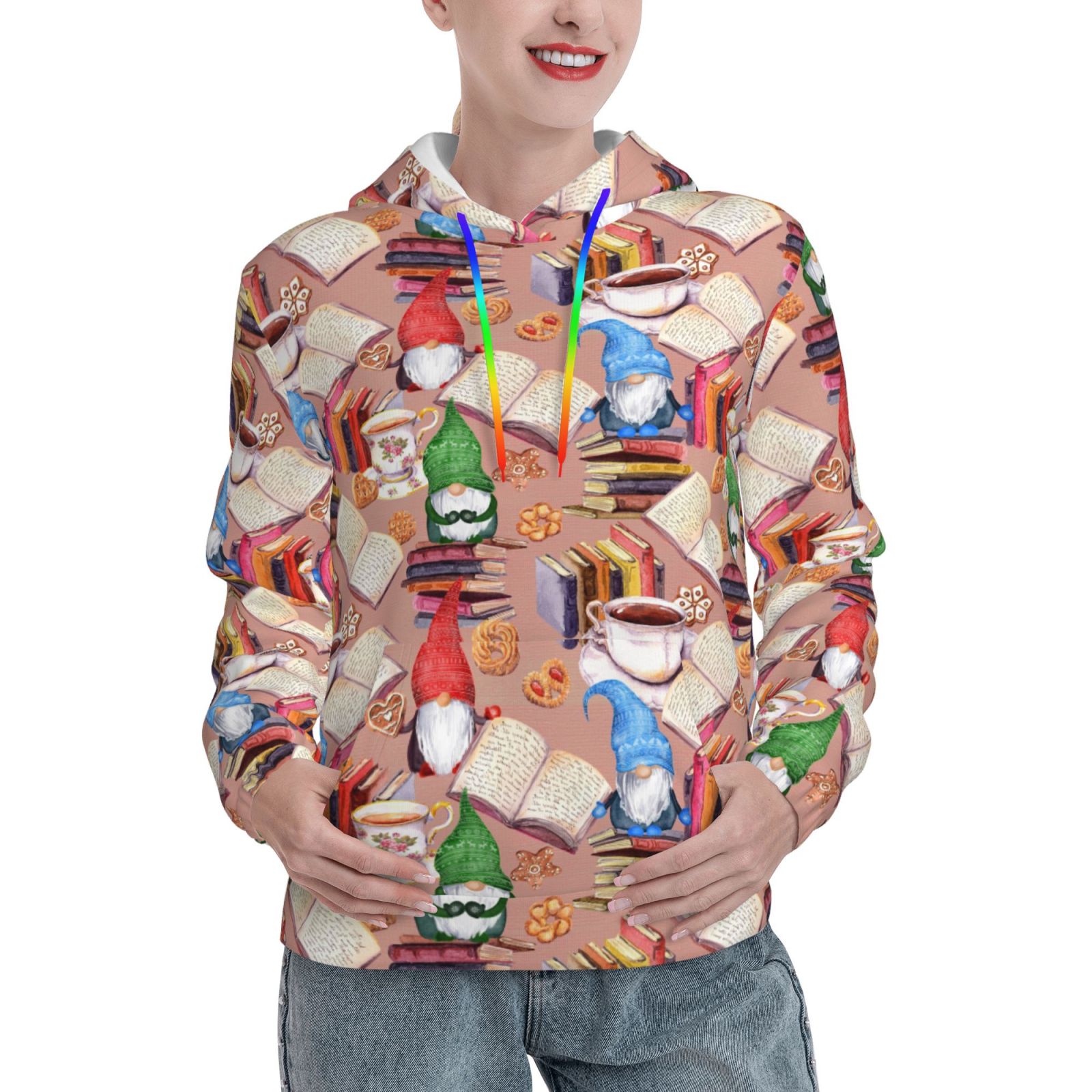 Sweat à Capuche Noël Imprimé Gnome Femme - Manches Longues, Polyester, Décontracté