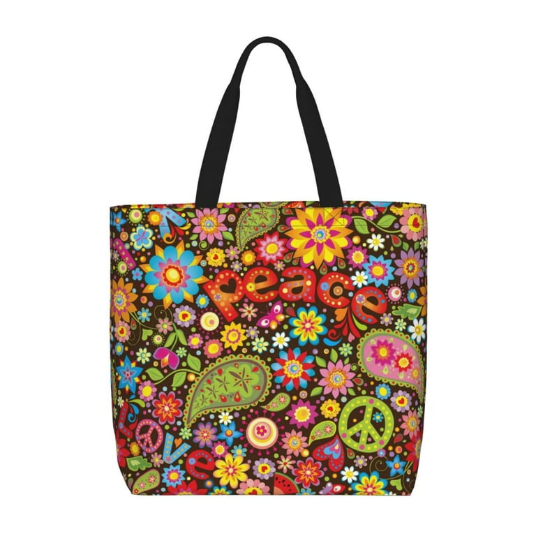 Lukts Hippie Peace Love Tote Bag for Women with Zipper Pockets Reusable Grocery Bags Foldable Beach Bag Gifts