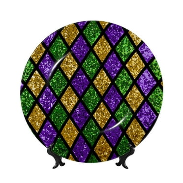 Lukts Mardi Gras Shiny Green Purple for Bone China Decorative Plates, Ceramic Plates, Dinner Plates with Display Stand, Artistic Ceramic Decorations Suitable for Home and Office-6in