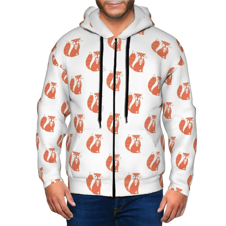 Lukts Orange Fox Pattern Hoodies for Men Zip up Hooded Sweatshirt Full Zip Hoodie Medium