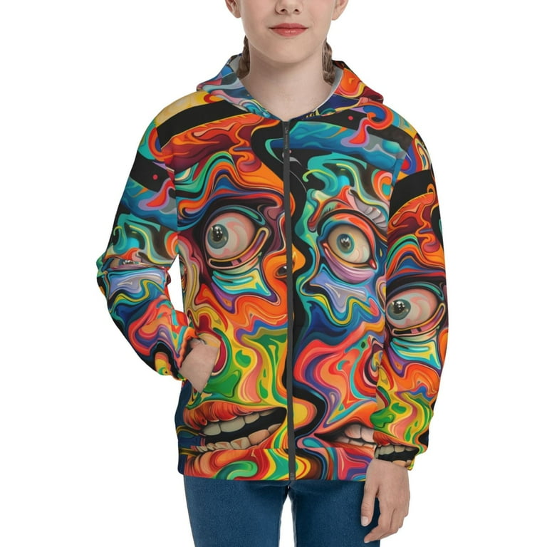 Lukts Psychedelic Faces Colorful Print Hoodies for Teenagers Sweatshirt with Pockets Long Sleeve Zip Up Hoodie Small
