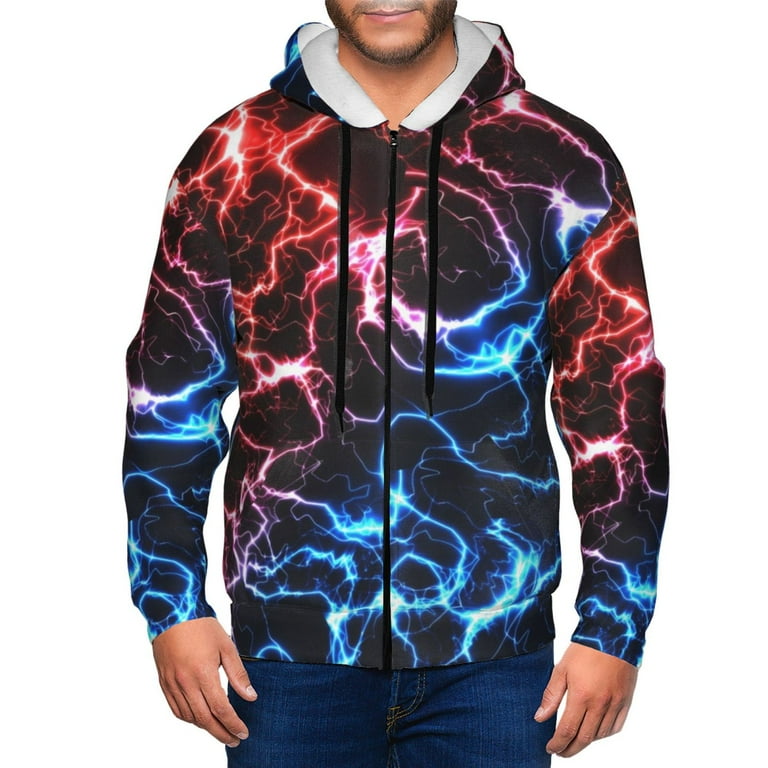 Lukts Red And Blue Lightning Pattern Hoodies for Men Zip up Hooded Sweatshirt Full Zip Hoodie 3X Large