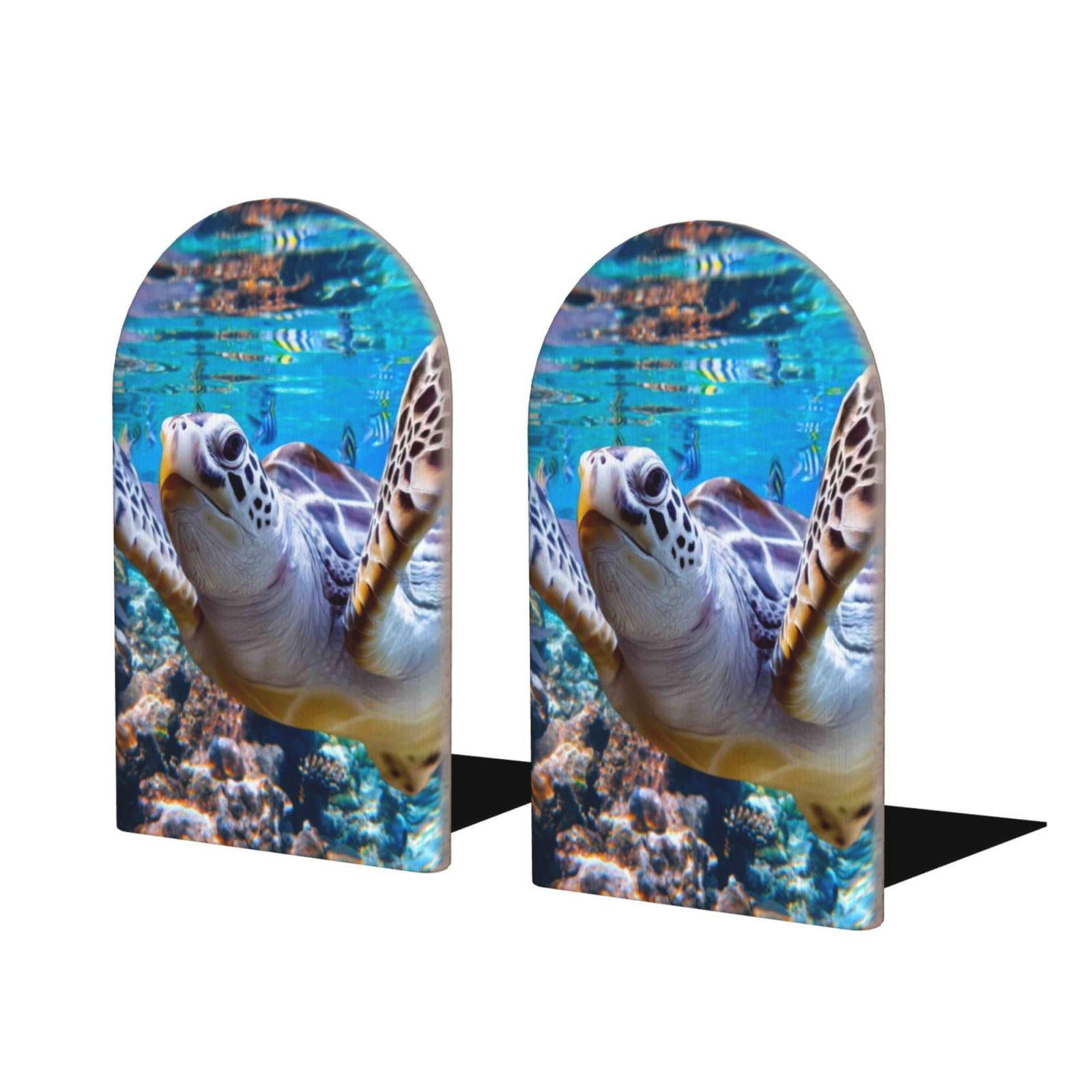 Lukts Sea Turtle Swims Print Wood Bookends,NonSkid Bookend for Shelves