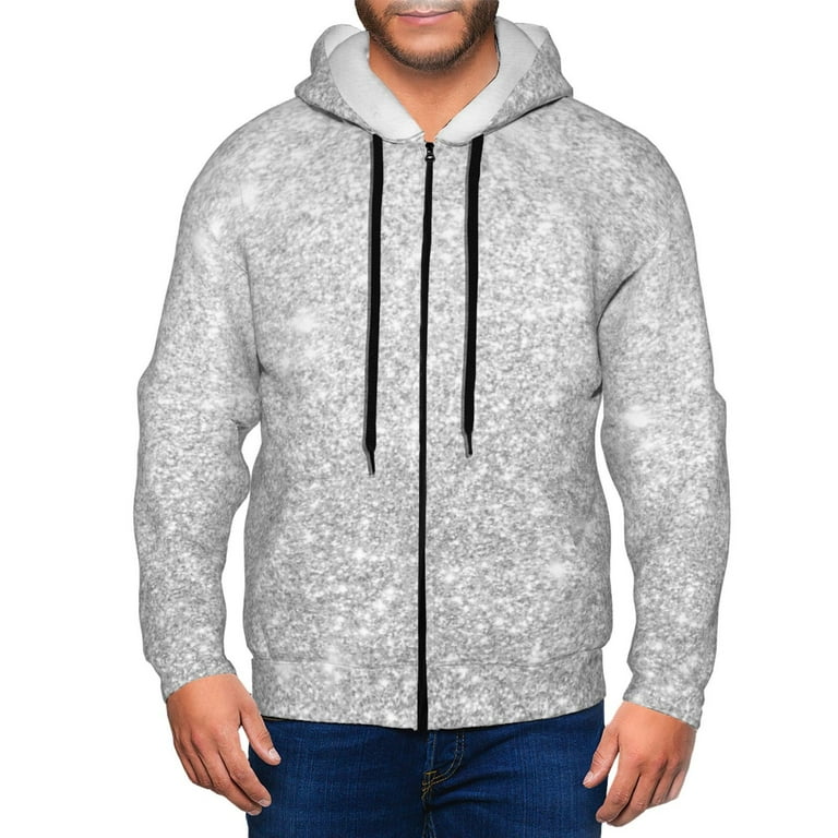 Lukts Silver Glitter Pattern Hoodies for Men Zip up Hooded Sweatshirt Full Zip Hoodie Small