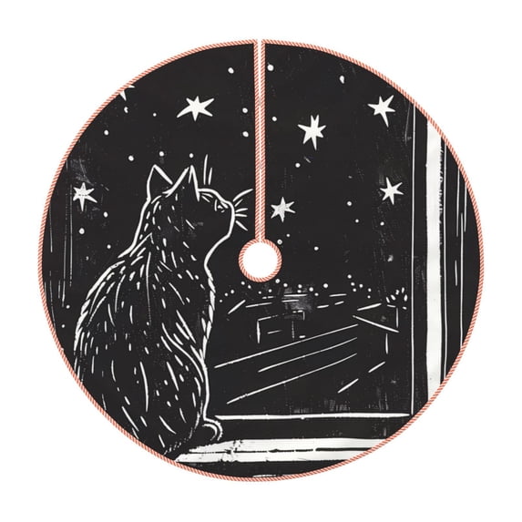 Lukts Star Gazing Cat Illustration Print Color Life Christmas Tree Skirt, Winter Holiday Tree Mat Decoration ,Can be Used as A Shawl-30"