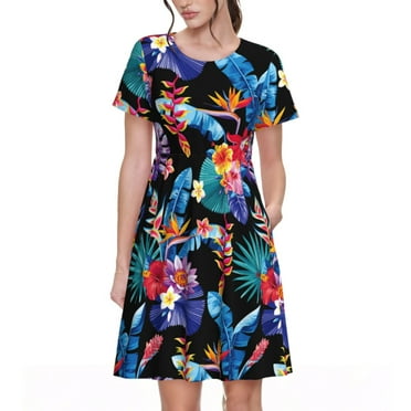 Lukts Tropical Palm Leaves for Women's Short-sleeved Dress, Round Neck Pullover Slim T-shirt Knee-length Dress, Suitable for Daily Leisure and Office