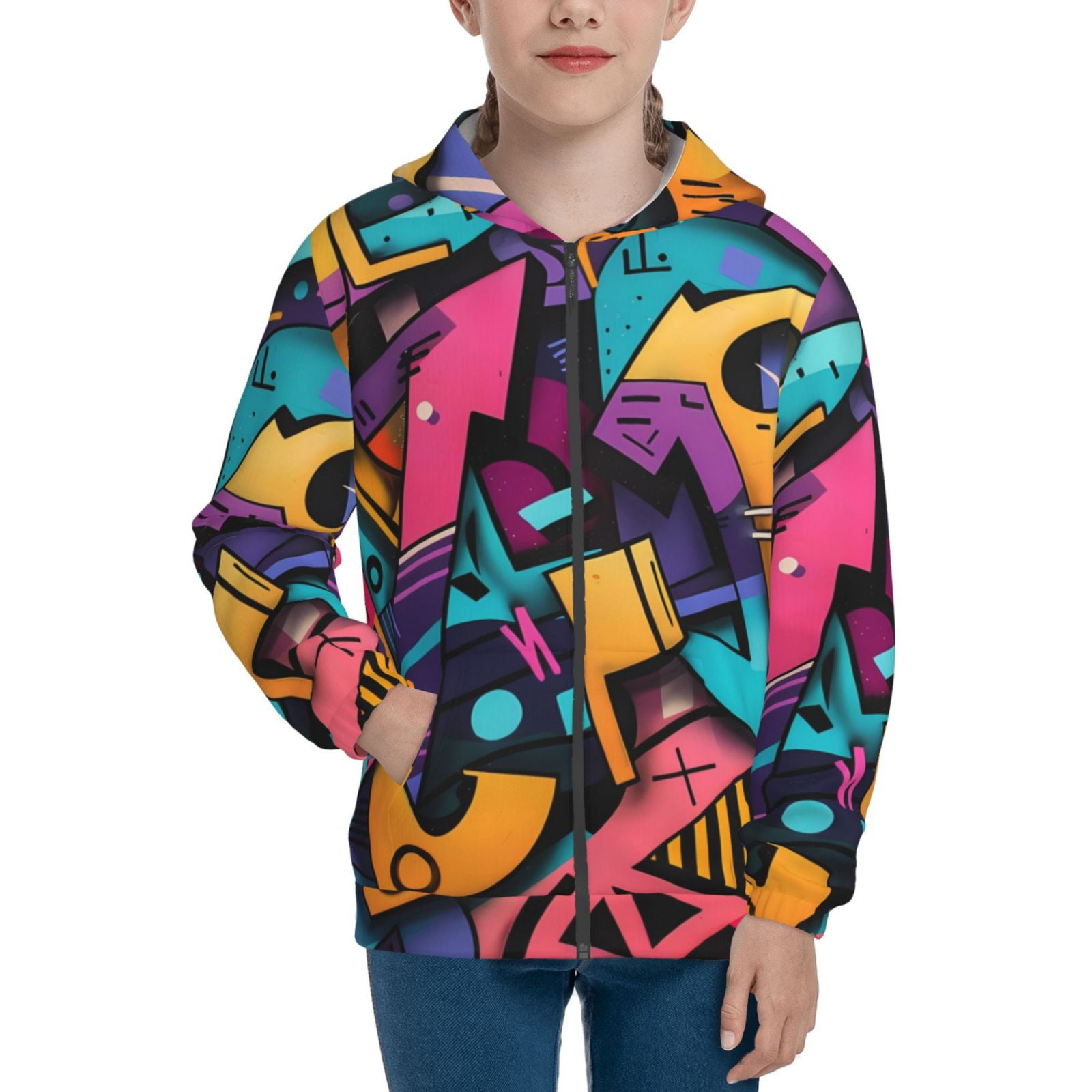 Lukts Vibrant Graffiti Urban Art Print Hoodies for Teenagers Sweatshirt with Pockets Long Sleeve Zip Up Hoodie Medium