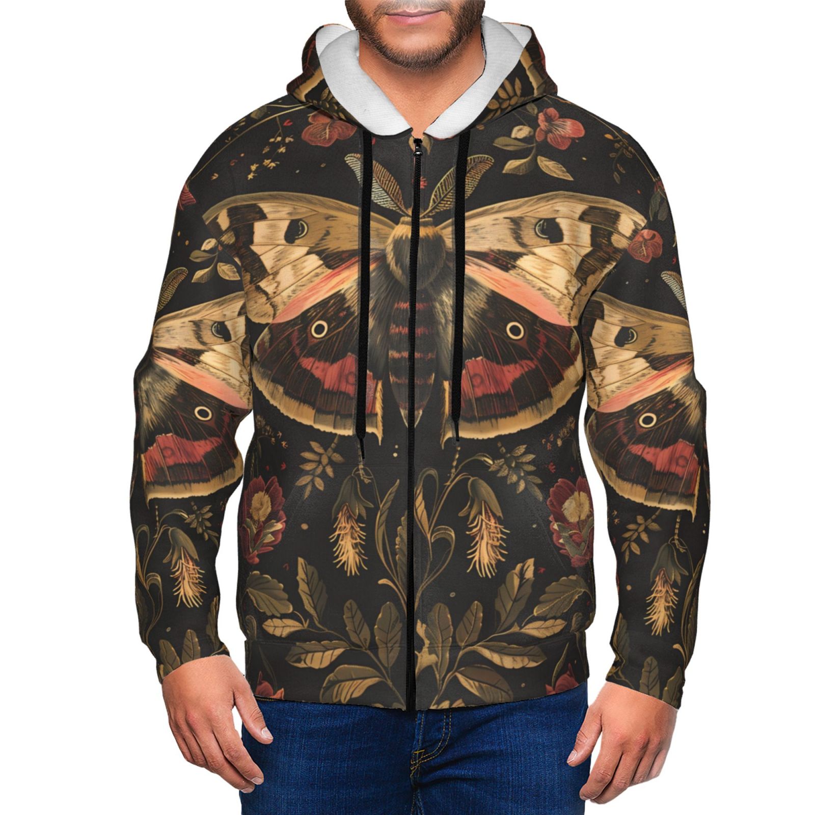 Lukts Vintage Moth Floral Art Pattern Hoodies for Men Zip up Hooded Sweatshirt Full Zip Hoodie Large