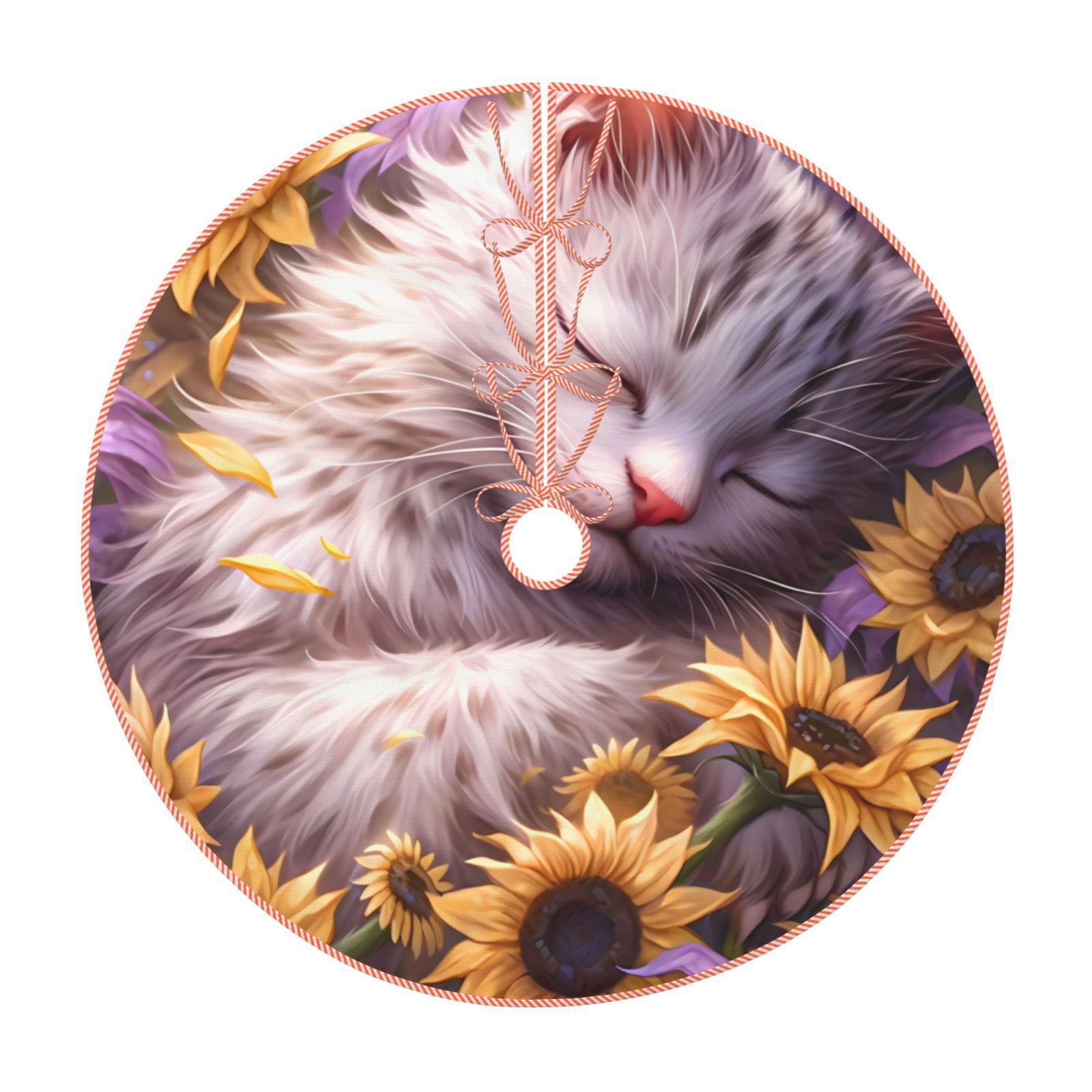 Lukts Warm Sunflower Sleeping Cat print color life Christmas Tree Skirt