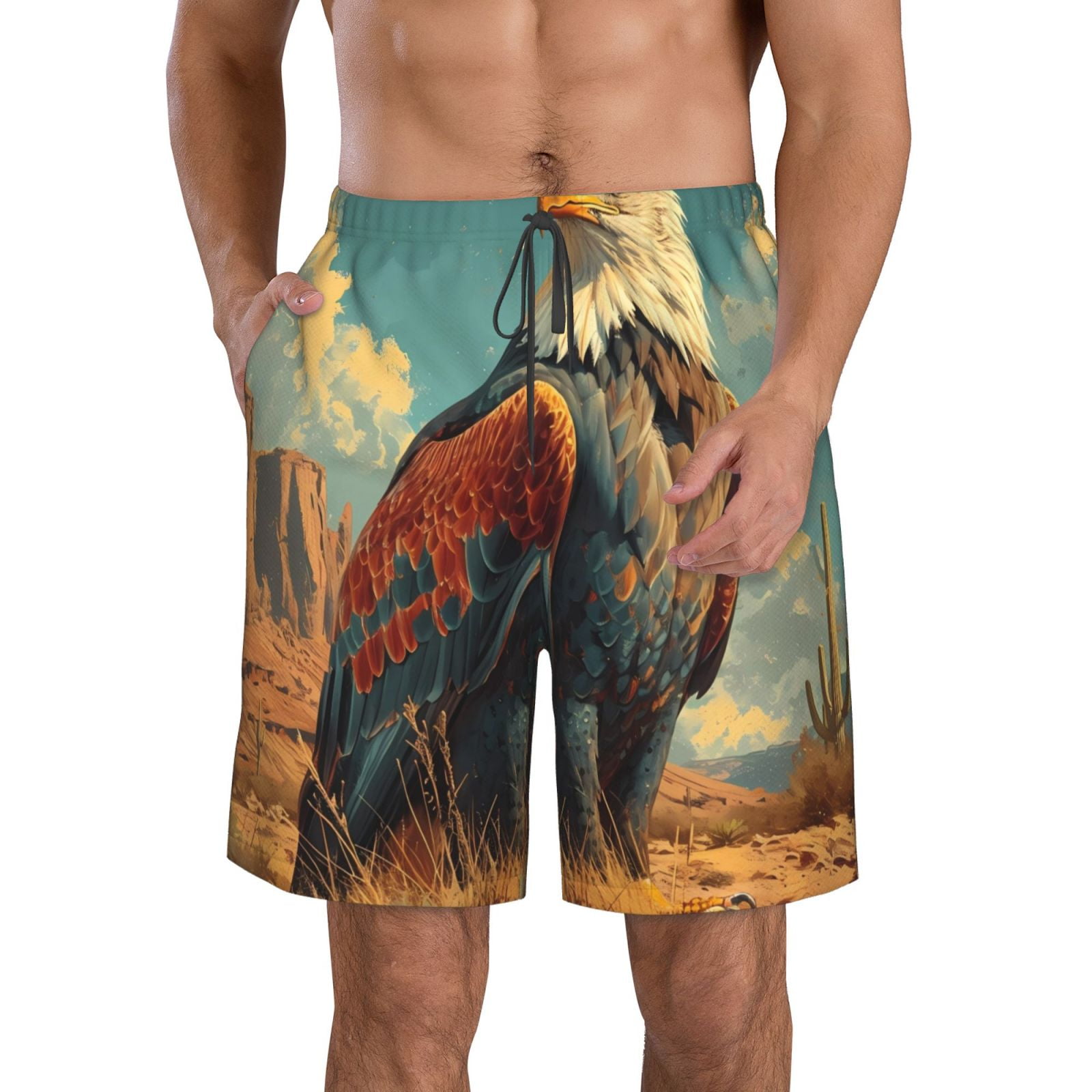 Lukts Western Desert Cactus Bald Eagle Mens Swim Trunks Quick Dry Swim