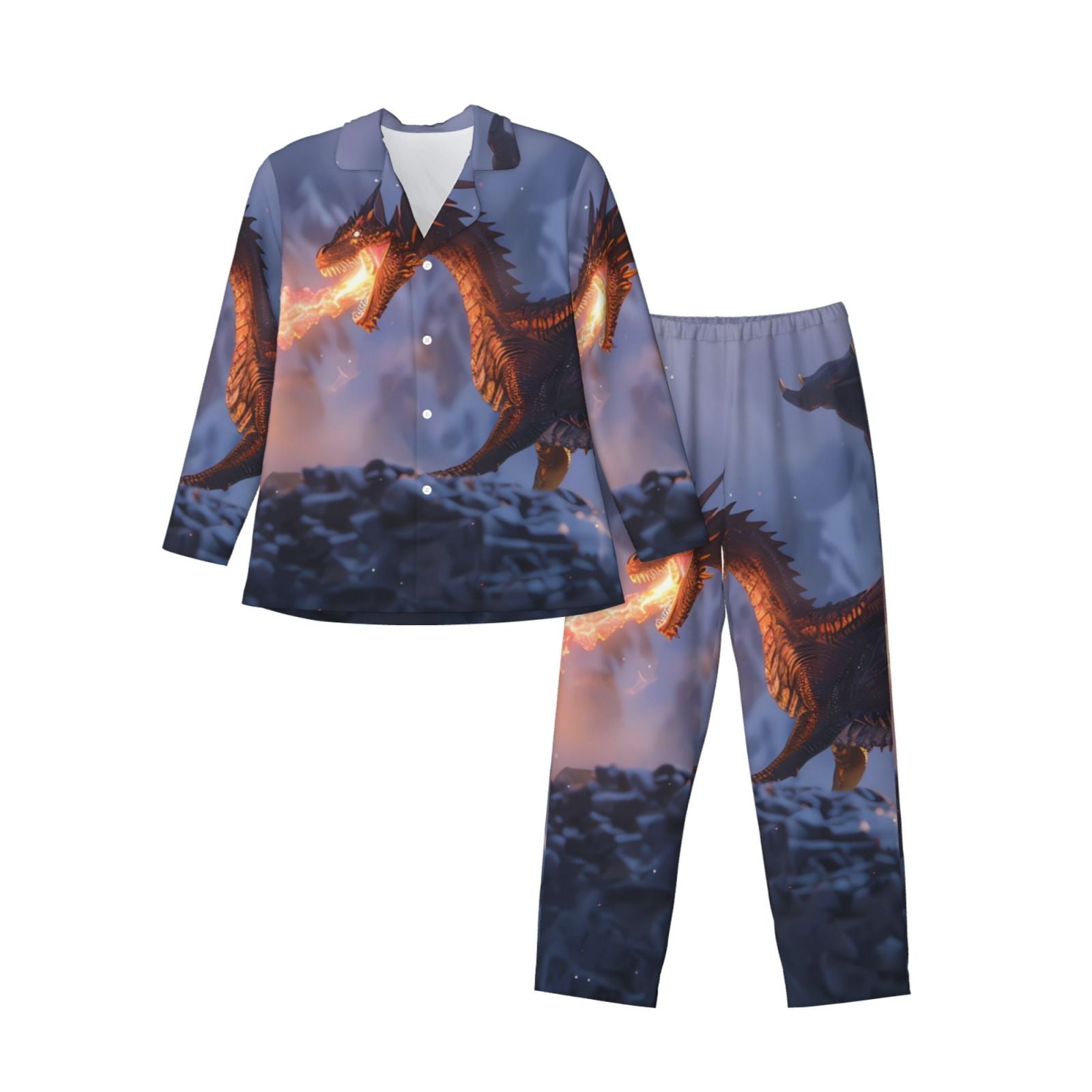 Lukts Winter Fire Dragon Print Men’s Pajamas Set - Long Sleeve Button ...