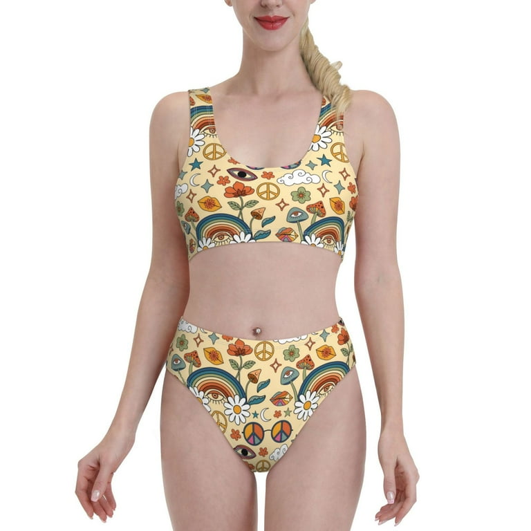 Lukts Women High Waisted Bikini Set 70s Hippie Style Swimsuit 2 Piece Bathing Suit Tummy Control Medium