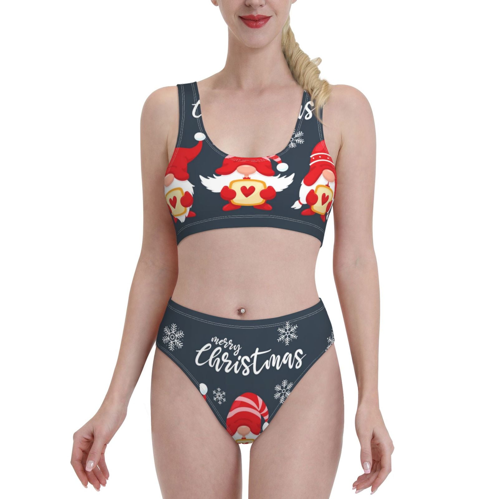 Lukts Women High Waisted Bikini Set Three Cute Christmas Gnomes