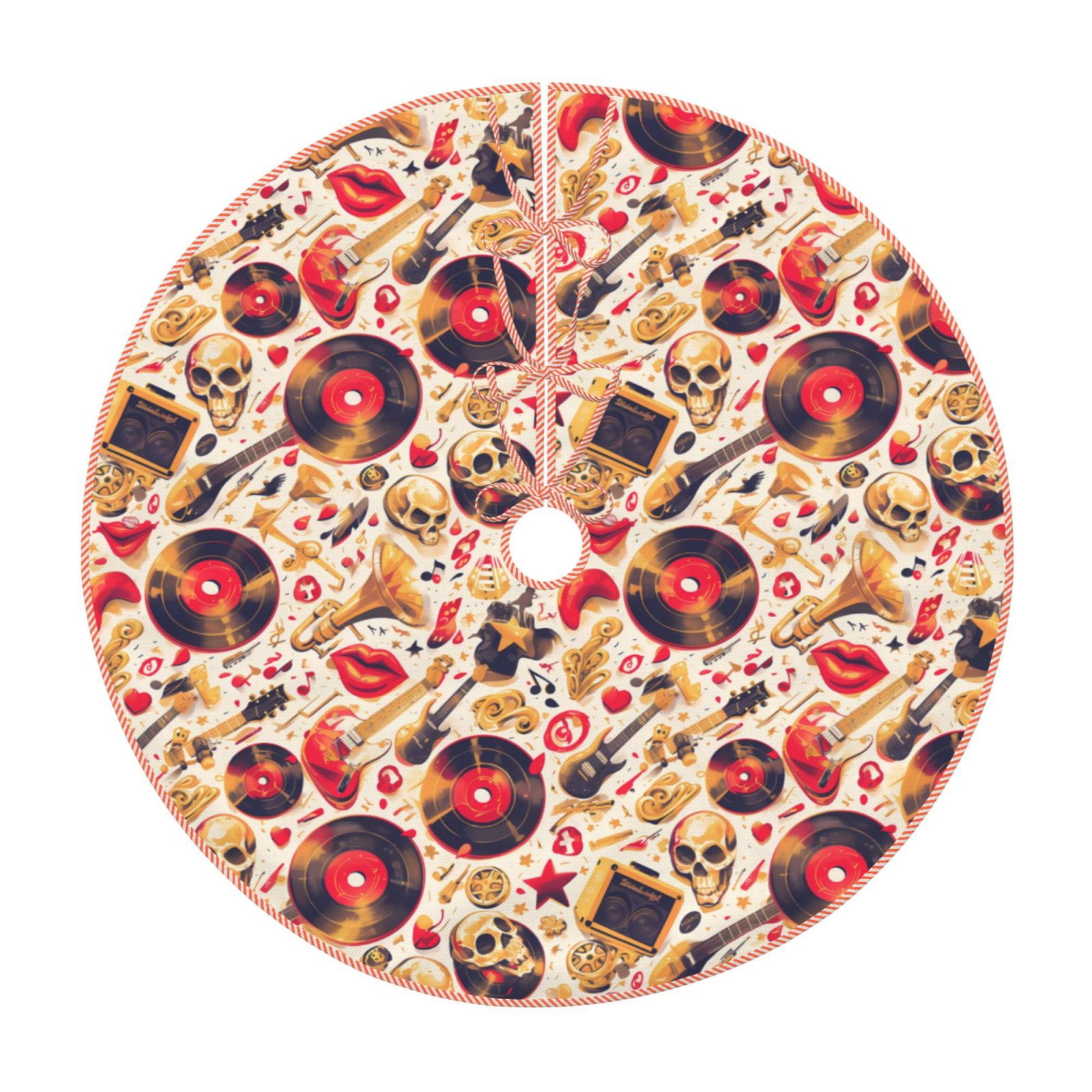 Lukts gold Skull Guitar record print color life Christmas Tree Skirt, Winter Holiday Tree Mat