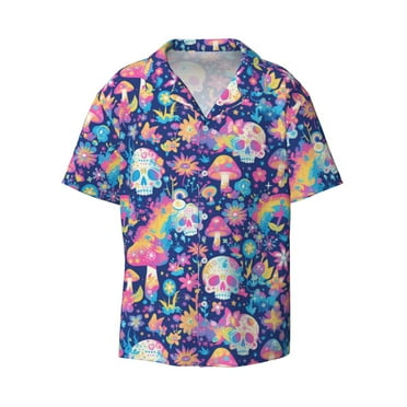 Lukts mushroom Skull rainbow color Men's Hawaiian Shirt Beach Short Sleeved Button top-Small