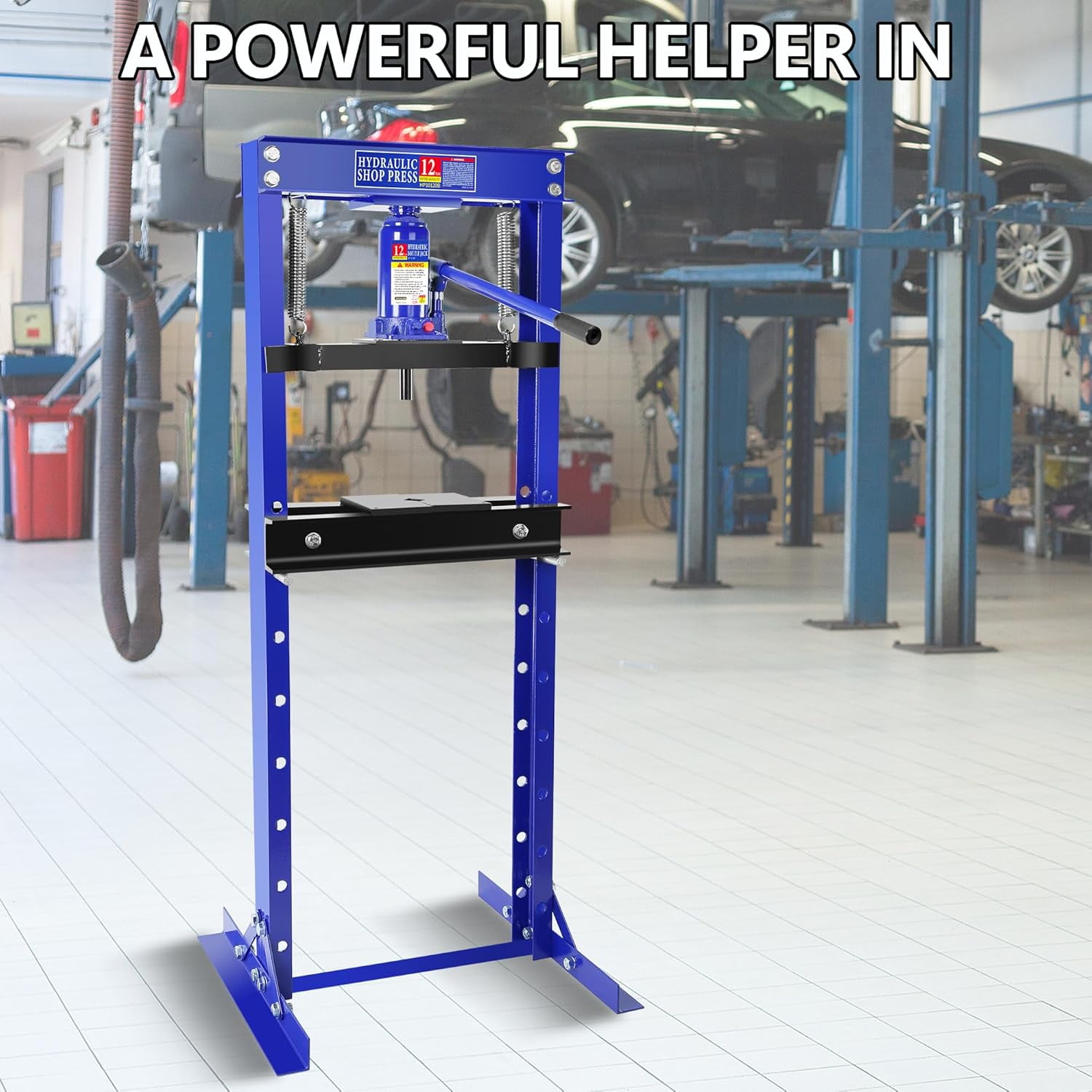 12 Ton Hydraulic Shop Press - H-Frame Garage Press With Plates For Bearings & Ball Joints, Blue - View #8