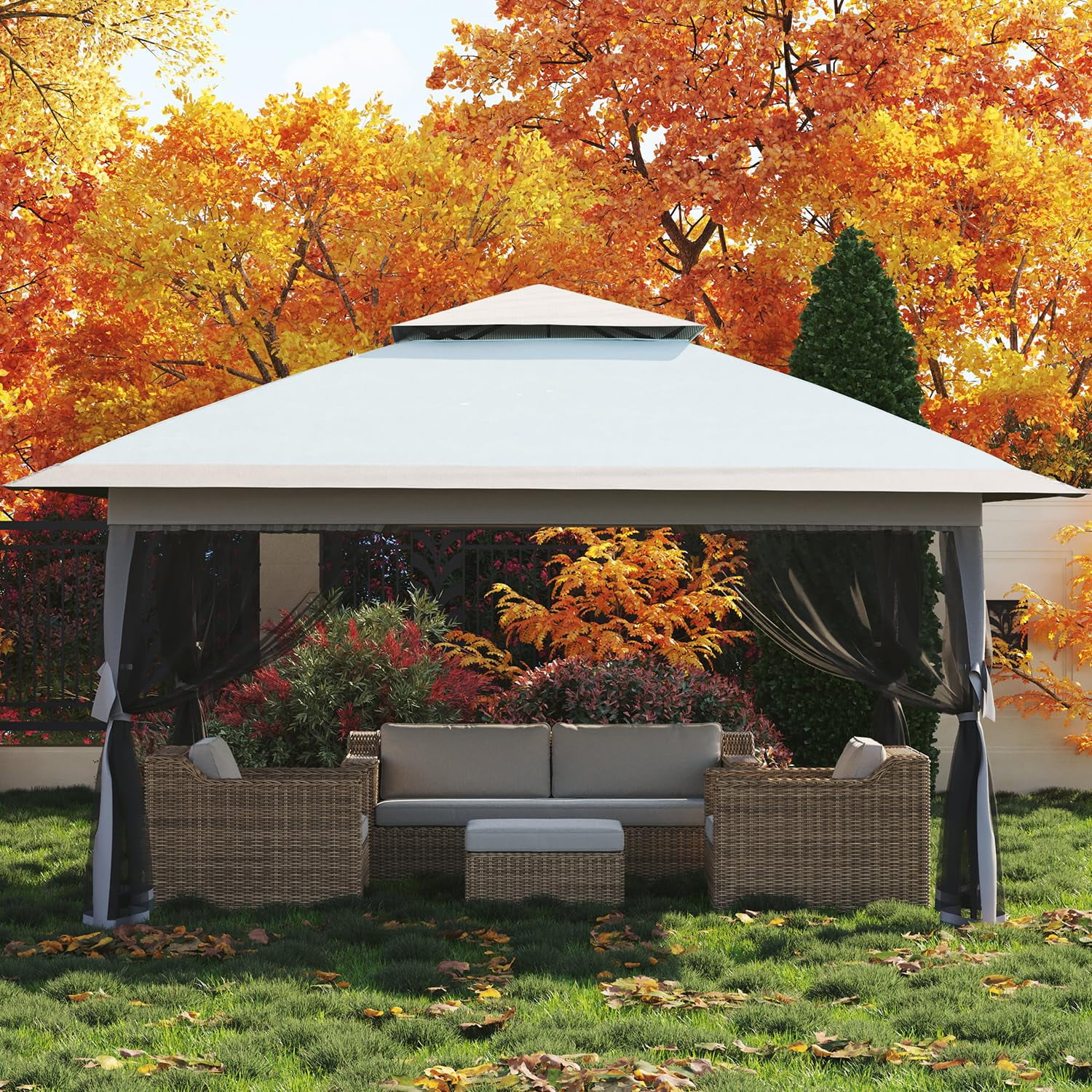 Luku 12' x 12' Outdoor Gazebo, Heavy Duty Double Roof Patio Gazebo with Netting and Curtains, Outdoor Patio Canopy for Deck Backyard Garden Lawns