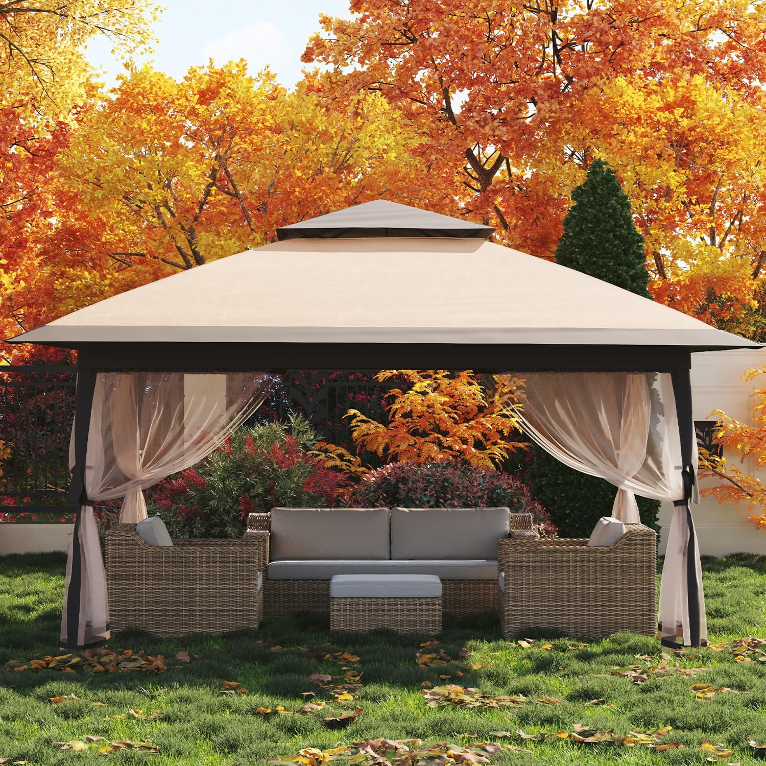 Luku 12' x 12' Outdoor Gazebo, Heavy Duty Double Roof Patio Gazebo with Netting and Curtains, Outdoor Patio Canopy for Deck Backyard Garden Lawns