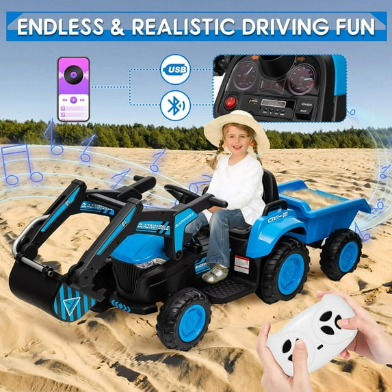 Luku 12V 3 in 1 Kids Ride on Excavator & Tractor with Detachable Trailer for Boys Girls, Blue