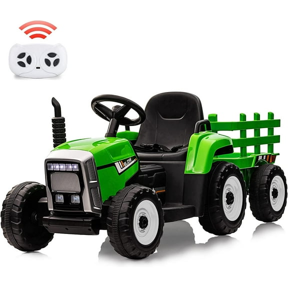 Luku 12V Battery Powered Electric Tractor with Trailer, Toddler Ride On Car w/Remote Control/7-LED Headlights/2+1 Gear Shift/MP3 Player/USB Port for Kids 3-6 Years (Green, 25W/Tread Tire)