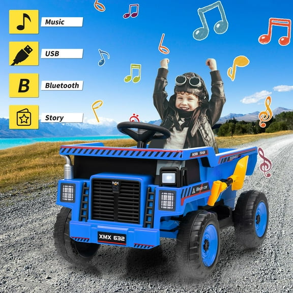 Luku 12V Kids Ride-On Dump Truck with Remote Control, Electric Auto-Dump Bed, Dual 30W Motors, Music, LED Lights, Shovel, 4.5AH Battery, Construction Toy for Ages 3-8, 66 lbs Max