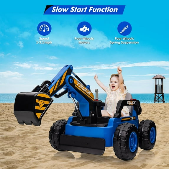 Luku 12V Kids Ride On Excavator Digger Truck with Remote Control, Electric Arm, Birthday Gift, Blue
