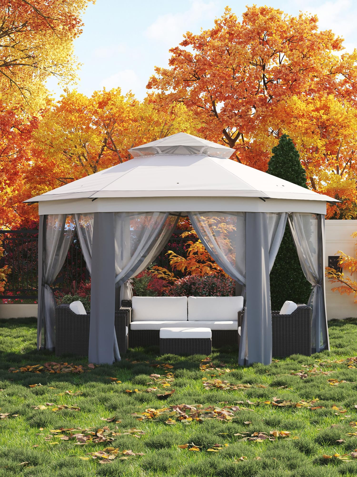 Luku 13'x13' Pop-Up Gazebo, Outdoor Hexagonal Patio Gazebo with Mosquito Netting, Instant Setup Canopy Tent with Strong Steel Frame and Sandbags, for Backyard, Gardens, Patio