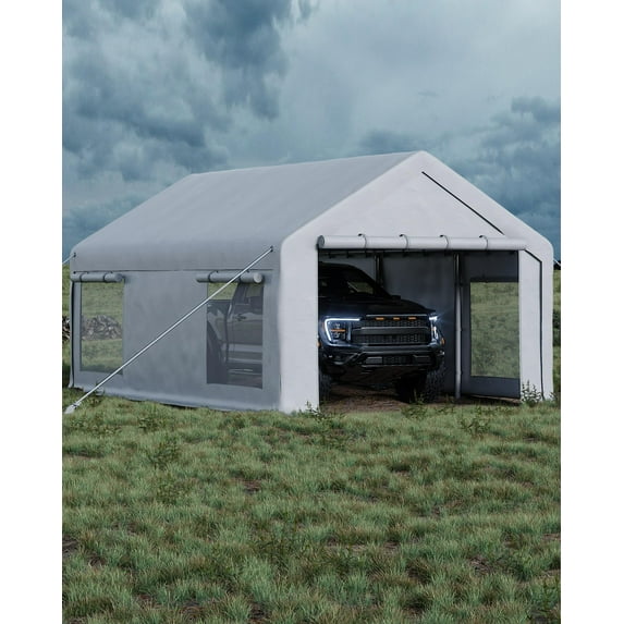 Luku 13x20 Ft Carport with 8 Sandbags, Car Port with 220g PE Tarp, 2 Roll-Up Doors, and 4 Windows, for Full-Size Pickups, Bass Boats, Tractors, and SUVs
