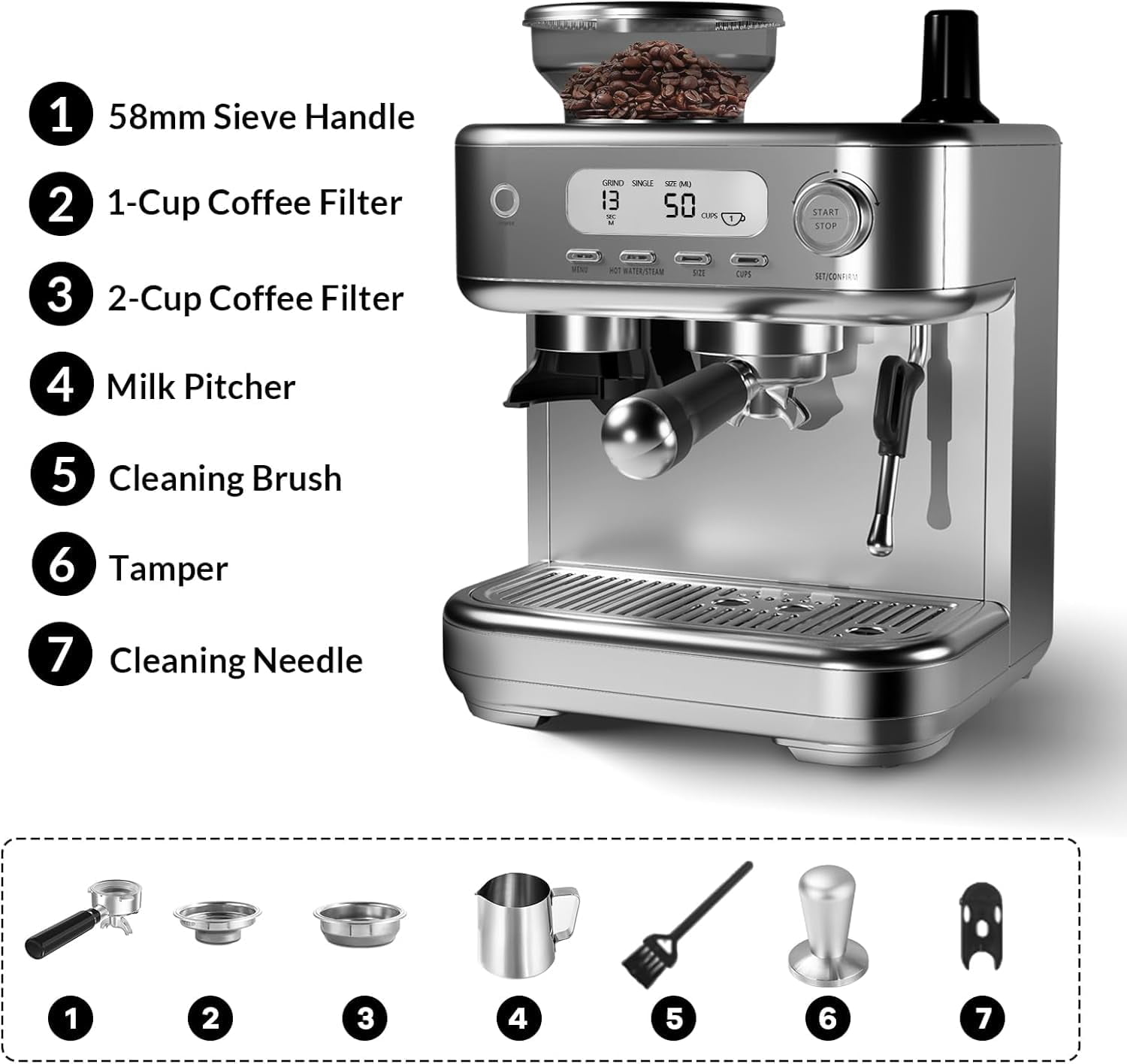 Luku 15 Bar Espresso Machine, LCD Display Coffee Maker with Grinder, Milk Frother & PID Temp Control, 8.8oz Hopper