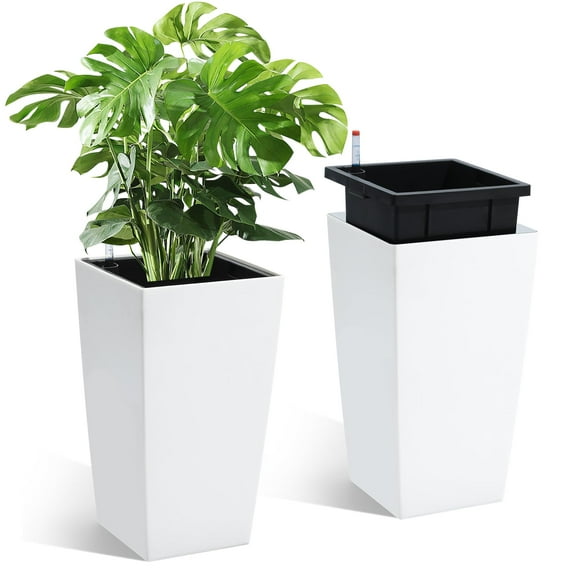 Luku 16 Inch Tall Rectangular Planters Set of 2 Large Modern Plant Pots with Drainage Holes&Water Level Monitor&Wheels Outdoor and Indoor for Patio, Porch, Living Room, or Home Office