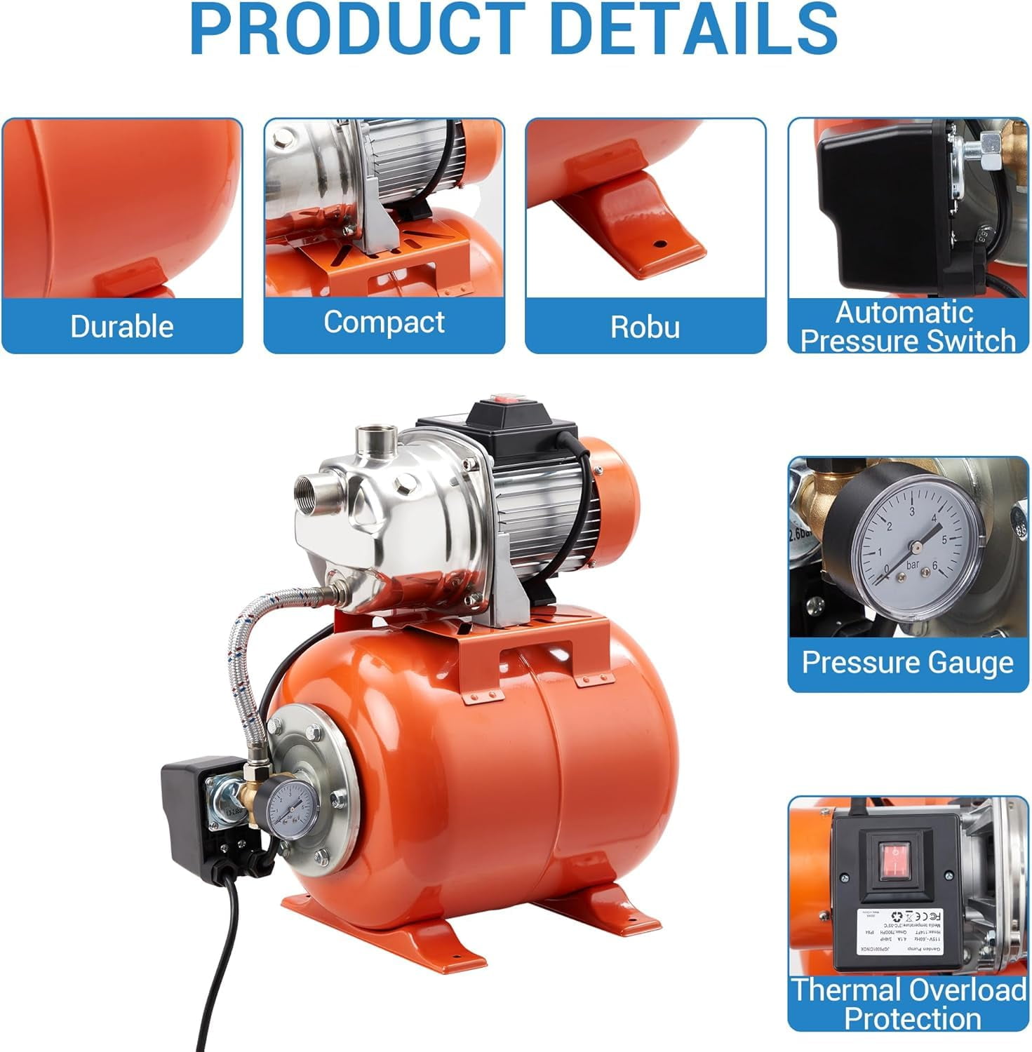 Luku 1HP Shallow Well Pump with Pressure Tank, Stainless Steel Water Transfer Pump 115V for Garden & Pool