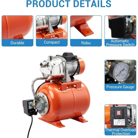 Luku 1HP Shallow Well Pump with Pressure Tank, Stainless Steel Water Transfer Pump 115V for Garden & Pool