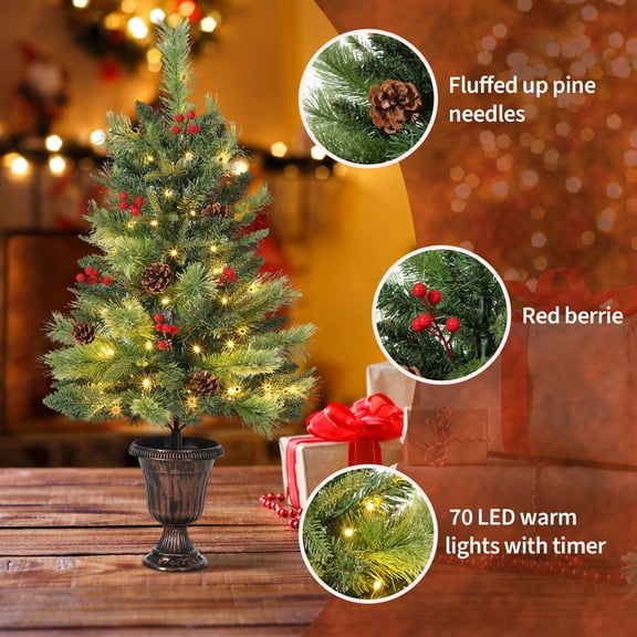 Luku 2/3 FT Small Christmas Tree for Tabletop, Mini Artificial Christmas Tree with LED Warm Lights, Pine Cone & Red Berry, Xmas Tree for Home, Office