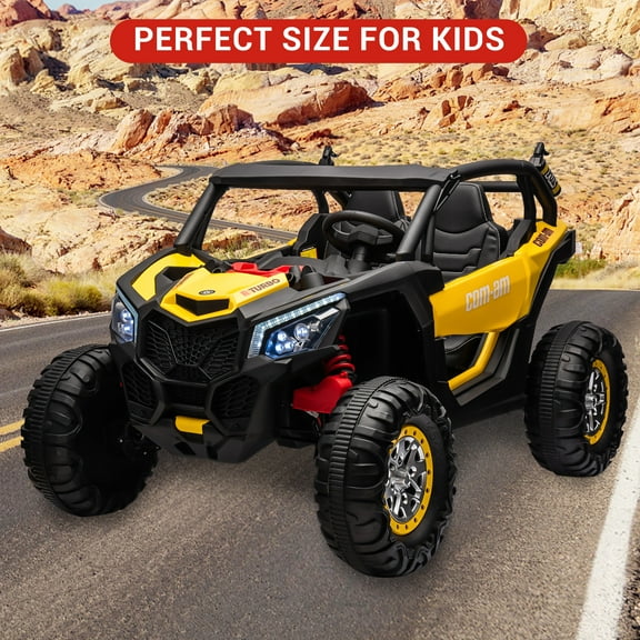 Luku 24V 2-Seater Kids Electric UTV Ride-On, 4WD 300W Motors, Parent Remote, Leather Bench, 4 Shock Absorbers, Music Player, Bright Lights, for Two Children, 132 lbs Capacity