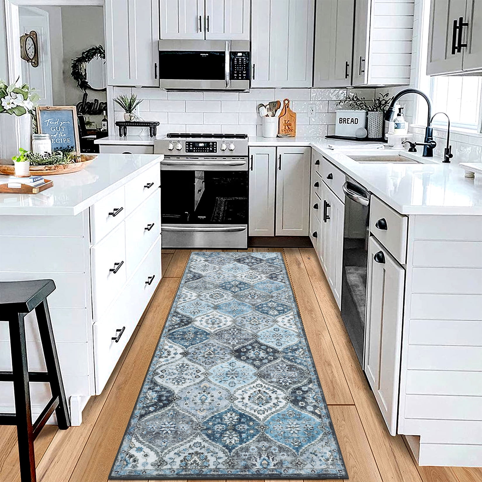 Luku 2ft*6ft Runner Rug Washable Moroccan Trellis Hallway Runner, Non-Slip Stain Resistant Area Rug Vintage Distressed Floral Kitchen Mat Floor Cover Carpet for Doorway Bedside