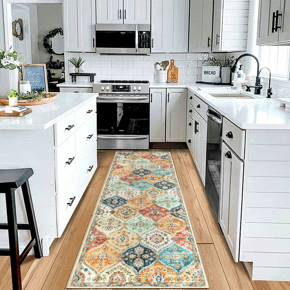 Luku 2ft*6ft Runner Rug Washable Moroccan Trellis Hallway Runner, Non-Slip Stain Resistant Area Rug Vintage Distressed Floral Kitchen Mat Floor Cover Carpet for Doorway Bedside
