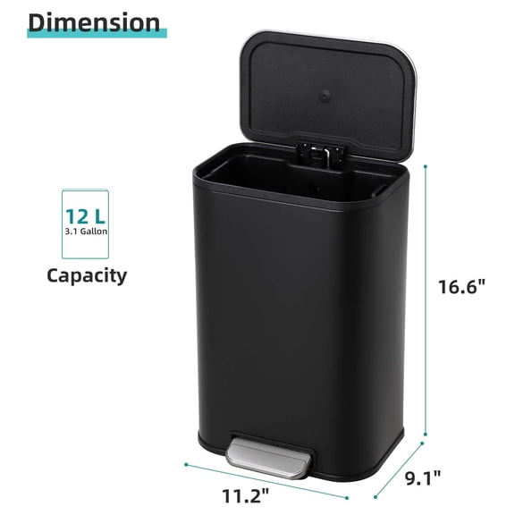 Luku 3.2 Gallon Stainless Steel Trash Can, Compact Foot Pedal Bin with Soft-Close Lid & Removable Bucket