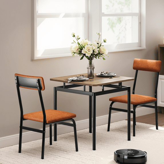 Luku 3 Piece Dining Table Set for 2, Modern Industrial Table & 2 Upholstered Chairs, Metal Frame