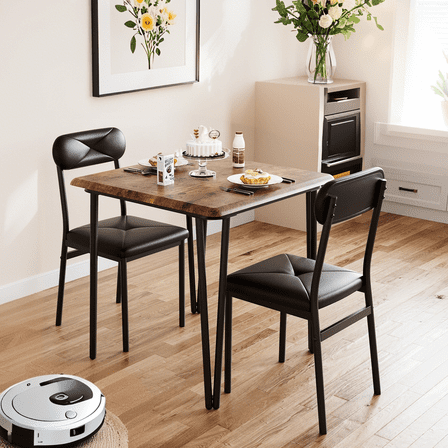 Luku 3 Piece Dining Table Set for 2, Rustic Brown Square Table & 2 Upholstered Chairs