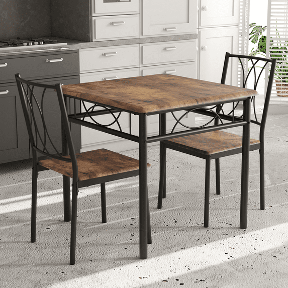 Luku 3-Piece Double C Dining Set for 2, Square Table & Upholstered Chairs, Space-Saving