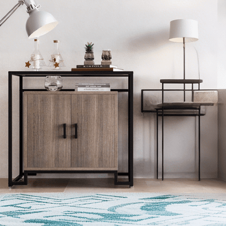 Luku 35" Wide Modern Wooden Buffet Sideboard, Storage Cabinet with Doors & Open Shelves, Tempered Glass Top, Space Saving Accent Cabinet for Bedroom, Kitchen, Home Office