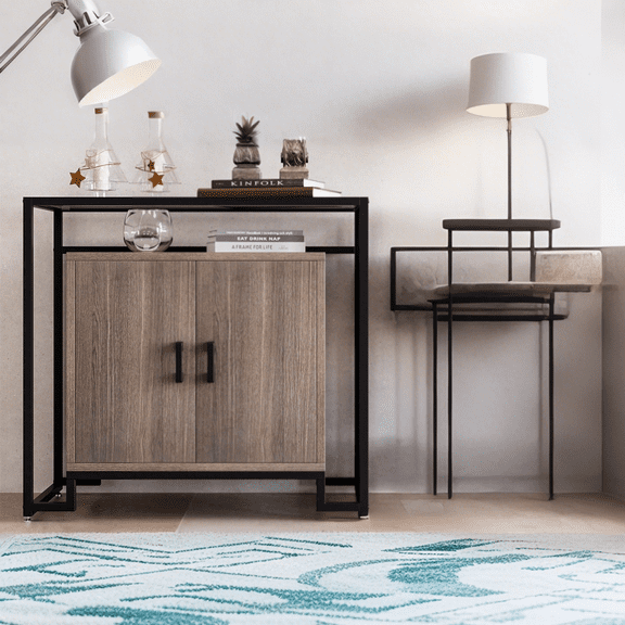 Luku 35" Wide Modern Wooden Buffet Sideboard, Storage Cabinet with Doors & Open Shelves, Tempered Glass Top, Space Saving Accent Cabinet for Bedroom, Kitchen, Home Office