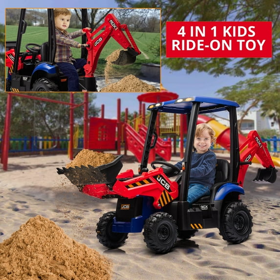 Luku 4 in 1 Ride on Excavator & Bulldozer, 12V Kids Electric Vehicle with Remote Control, Red And Blue