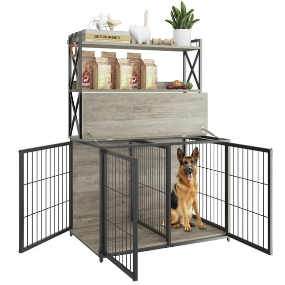 Luku 42.5" Dog Crate Furniture with Shelves Storage, Dog Kennel, Large Dog Cage for Indoor, Grey