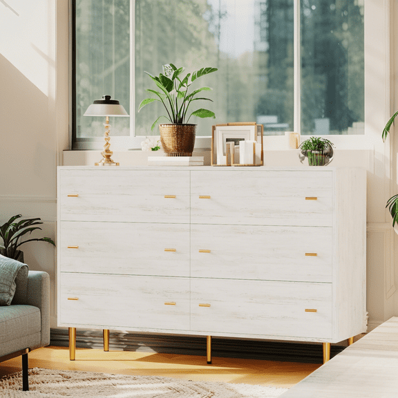 Luku 47.2" Wide 6 Drawer Dresser for Bedroom, Rustic Wood Chest with Bar Handles, Country Vintage Storage Dresser for Living Room or Hallway