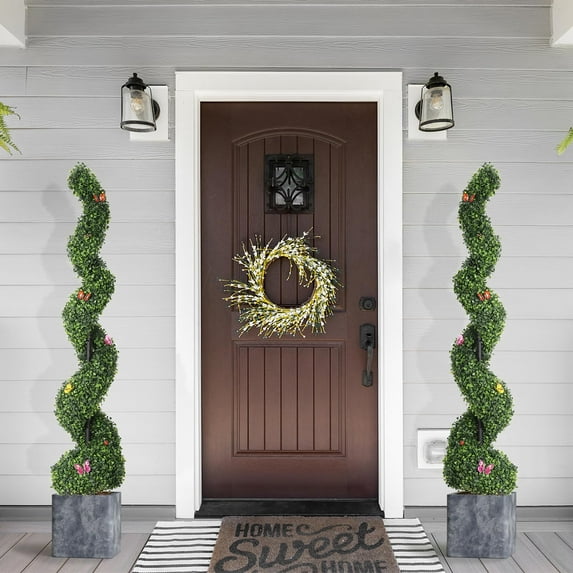 Luku 5 FT Artificial Boxwood Spiral Topiary Trees, 2 Pcs Outdoor Faux Plants with Insect Decoration, Evergreen Artificial Plants Outdoor for Decorative, Indoor, Porch, Garden