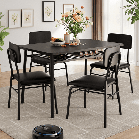 Luku 5-Piece Dining Table Set with Storage Rack, Modern Black Wood Table & 4 Chairs
