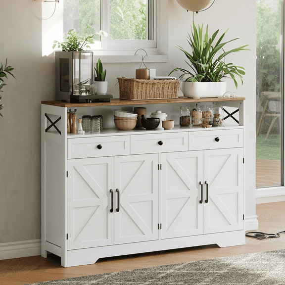 Luku 51" Farmhouse Sideboard Buffet Cabinet with Charging Station, 3 Drawers & 4 Barn Doors, Large Wood Coffee Bar Storage Pantry for Kitchen, Dining, Living Room